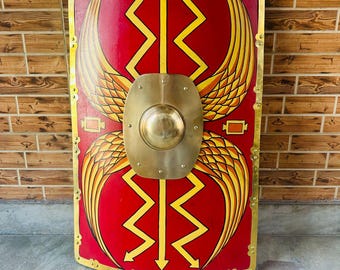 28 Inch wooden Roman Scutum Shield – Red and Brass-Lined Replica