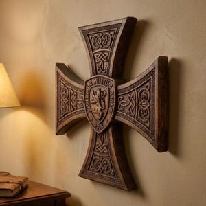 May include: A dark brown wooden wall cross featuring intricate Celtic knotwork carvings on each arm. At the center, a shield displays a relief of a lion and the Latin inscription SIGILLUM MILITUM XPISTI PAX, rendered in a deep, textured wood finish.