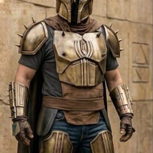 May include: A full set of metallic bronze-colored armor including a spiked helmet, chest plate, shoulder pauldrons, forearm bracers, and thigh guards. The armor is worn over a dark gray t-shirt, brown fabric wrap, and blue denim jeans.