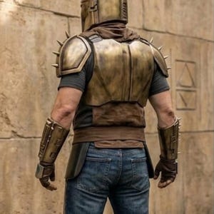 May include: A metallic bronze-colored helmet with spikes, matching shoulder pauldrons with spikes, and forearm bracers. The armor is worn over a dark brown hooded garment and blue denim jeans. The set includes metallic bronze-colored hand coverings.