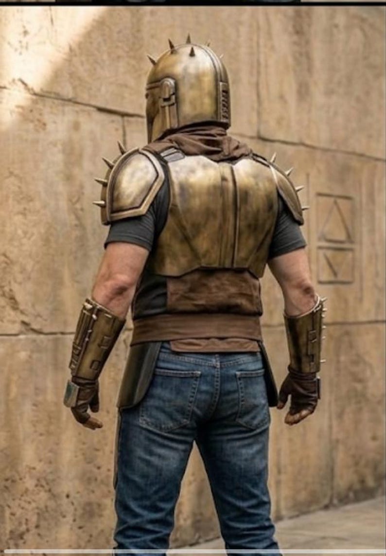 May include: A metallic bronze-colored helmet with spikes, matching shoulder pauldrons with spikes, and forearm bracers. The armor is worn over a dark brown hooded garment and blue denim jeans. The set includes metallic bronze-colored hand coverings.