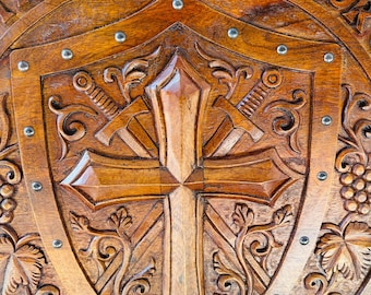 Armor of God Wooden Shield with Cross Carving | Ephesians 6:11 Christian Wall Hanging