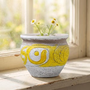 Puede incluir: Una maceta redonda de cerámica con un acabado texturizado en blanco y gris, que presenta una banda amarilla prominente decorada con patrones de remolinos en relieve. Dos pequeñas flores blancas tipo margarita están dentro.