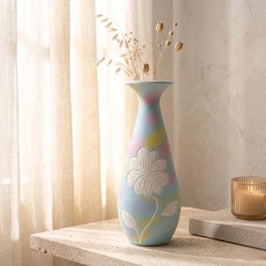 Handgefertigte Keramikvase mit Relief, Pastell Blumenvase für Regal Dekor, Housewarming Geschenk