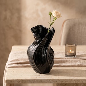 Black Ceramic Vase, Sculptural Nordic Decor, Glossy Abstract Flower Vase for Shelf, Console, Dining Table, Handmade Gift