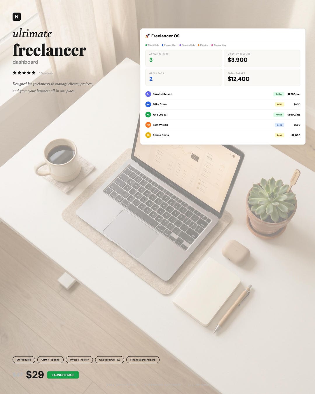 Freelancer Notion Template CRM Client Tracker Project Dashboard Invoice ...