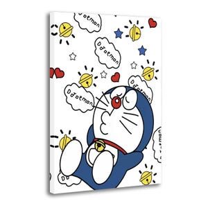 May include: A canvas print featuring the cartoon character Doraemon. Doraemon is blue and white, with a red collar and a bell. The background is white with cartoon elements like hearts, stars, and bells.