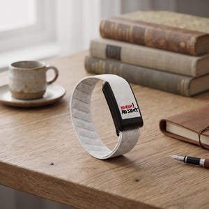 May include: A white fabric wristband with a black rectangular display module featuring the text NO RISK! NO STORY in red and black lettering. The band has a textured, woven appearance and is positioned upright on a wooden surface.