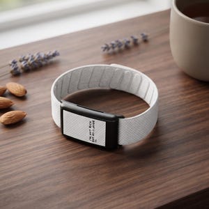 Puede incluir: Una pulsera elástica blanca para monitor de actividad con un módulo de pantalla rectangular negro. La pantalla muestra el texto negro "I'M NOT RICH. BUT MY FLAVOR IS." La pulsera tiene un aspecto tejido y texturizado y está en círculo.