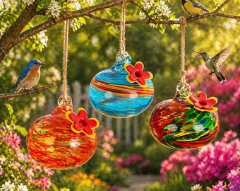 Hand Blown Glass Hummingbird Feeder, Hanging Outdoor Bird Feeder, Colorful Garden Decor, Unique Hummingbird Nectar Feeder Gift, Bird lovers