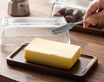 Glass Butter Dish with Wooden Base, Farmhouse Kitchen Storage, Cheese Plate Dome Lid