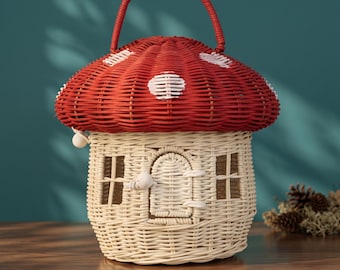Handwoven Bamboo Acorn Basket | Whimsical Mushroom Storage Box, Kids Toy Organizer