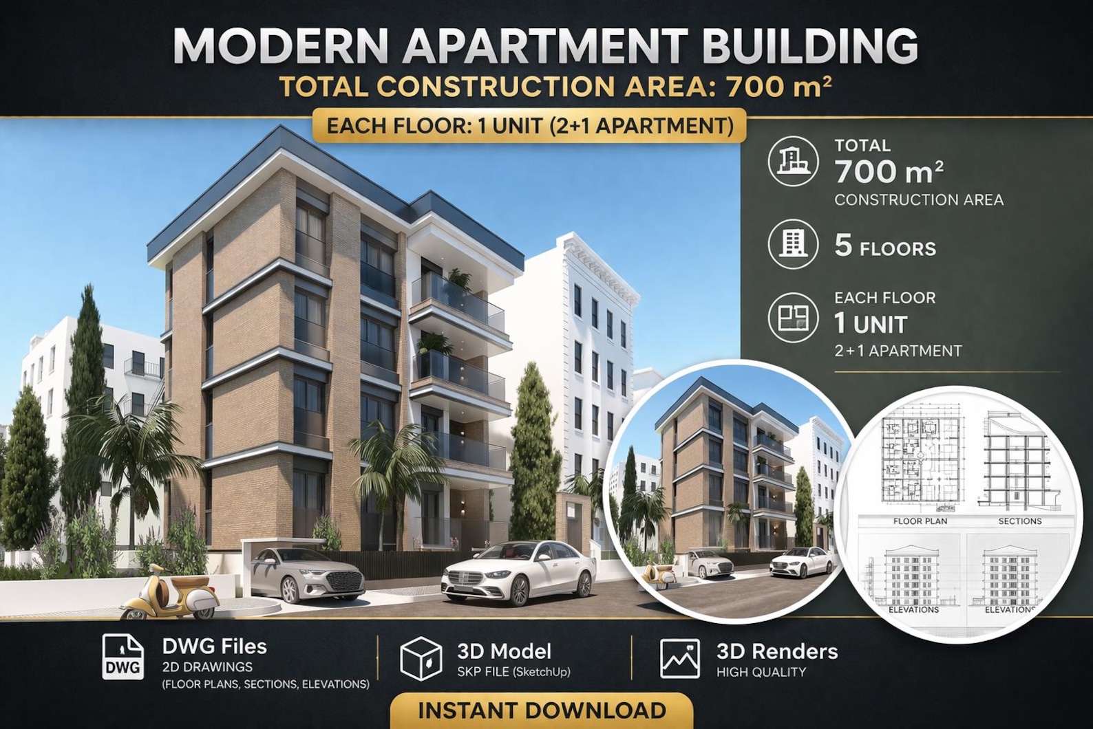 Modern Apartment Building Design Project, 700m2 DWG Drawings + 3D Model ...