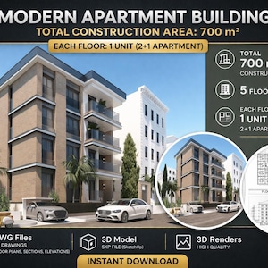 Puede incluir: Edificio de apartamentos moderno con una superficie total de construcción de 700 m². El edificio tiene 5 plantas, cada una con 1 unidad, un apartamento 2+1. La imagen incluye planos arquitectónicos y renders 3D. Descarga instantánea.