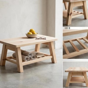 Puede incluir: Una mesa de centro de madera de color claro con un estante inferior. La mesa tiene una parte superior rectangular y patas anguladas. Un cuenco con limones y un par de gafas están encima. Hay toallas enrolladas en el estante. La mesa mide unos 91 cm de largo.