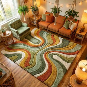 Hand Tufted Wool Rug, Abstract Wave Design, Boho Scandinavian Living Room Carpet