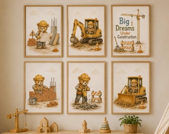 Aquarelprints van bouwbeertjes, decoratie voor jongenskamer, set van 6 (digitale download)