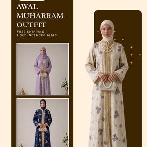 Elegant Linen Abaya Dress Set Free Hijab | Gold Embroidery Awal Muharram Outfit | 3 Colors Modest Muslim Kaftan | Islamic New Yea