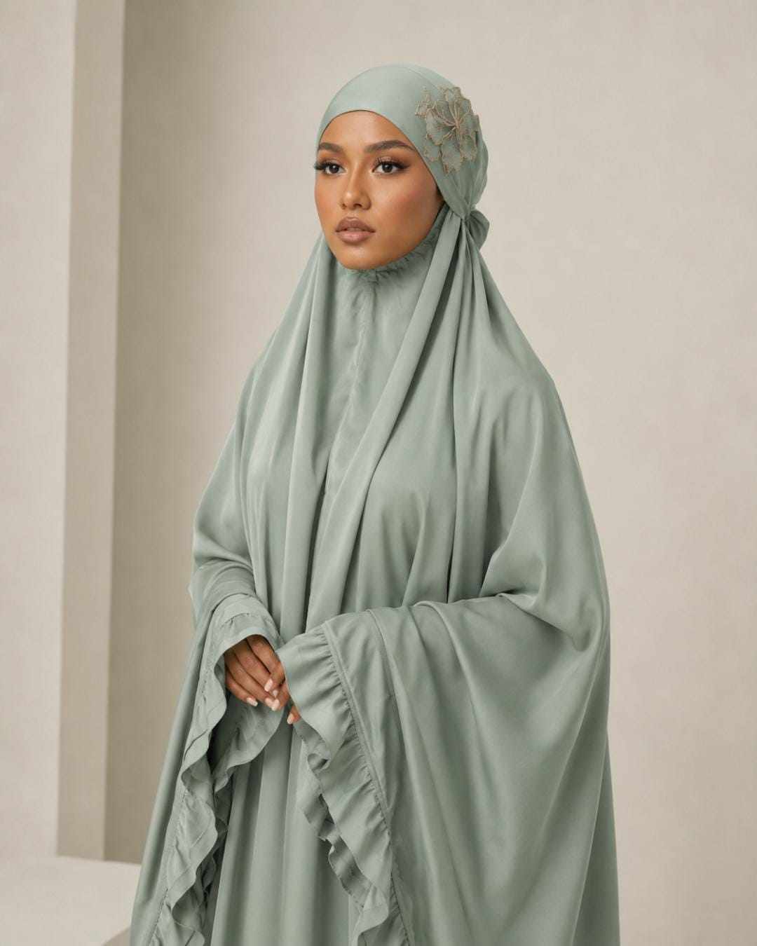 Luxury Silk Prayer Set Women Ruffle Telekung Mukena Armani Satin Islamic Dress Muslim Bridal Gift Awal Muharram Outfit