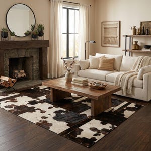May include: A rectangular area rug featuring a patchwork pattern of brown, black, and white cowhide. The rug is positioned on a dark wood floor in a living room setting, with a wooden coffee table placed on top of the patterned surface.