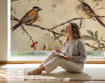Tenda a rullo vintage con motivo uccelli / Tenda per finestra con rami floreali / Tenda in tessuto effetto natura antica / Oscurante o standard / Arredamento per casa in stile cottage