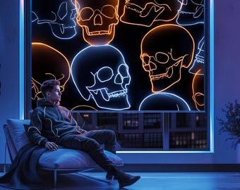 Rullgardin med neonskalle | Gotisk fönstergardin | Halloweendekorationsgardin | Mörkläggningsgardin eller standardtyg | Mörk estetik, anpassad storlek