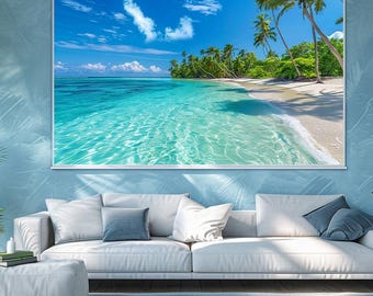 トロピカルビーチ柄ローラーブラインド｜オーシャンビューウィンドウシェード｜ヤシの木をモチーフにした海岸風インテリア｜遮光生地または標準生地｜カスタムサイズブラインド