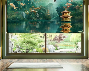 Oriental Landscape Roller Blind | Chinese Pagoda Lake Window Shade | Zen Nature Curtain | Asian Scenic Blackout Blind | Floral Decor