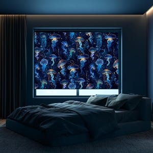 Glow Jellyfish-rolgordijn, zonnescherm oceaanraam, Blue Marine custom rolgordijn, decoratie kust
