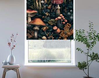 Mushroom Forest Roller Blind | Dark Botanical Window Shade | Cottagecore Woodland Decor | Vintage Nature Fabric Blind | Blackout Option