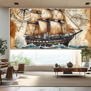 May include: A large, watercolor-style print of a tall ship sailing on the ocean. The ship has multiple sails and is depicted in shades of brown and tan. The background features a vintage map and compass rose design. The print is displayed as a window shade.
