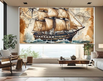 Vintage Nautische Rollo Vorhang | Segelschiff Kartendesign | Piratenschiff Ozean Fenster Jalousie | Küsten Marine Wohnkultur