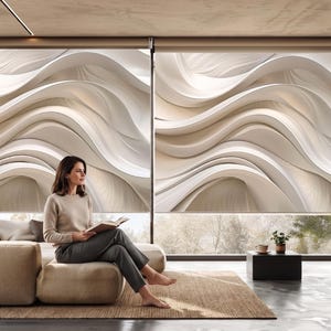 May include: A woman sits on a beige sectional sofa, reading a book in a modern living room. The room features large windows with beige, wave-patterned blinds. A small black table holds a plant and a cup. The overall aesthetic is minimalist and serene.