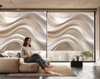 Luxury Neutral Roller Blind Curtain | Abstract Wave Texture Window Shade | Beige Cream Minimalist Sheer Blind | Modern Interior Home Decor