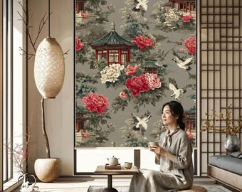 Estor enrollable de estilo chinoiserie / Cortina con estampado floral asiático (opaca o estándar)
