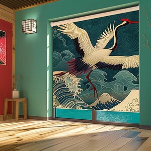 Japanese Crane Wave Roller Blind | Asian Art Window Shade | Red Sun Oriental Curtain | Ukiyo-e Style Blackout Blind
