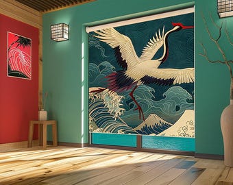Japanese Crane Wave Roller Blind | Asian Art Window Shade | Red Sun Oriental Curtain | Ukiyo-e Style Blackout Blind