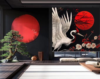 Estor enrollable de grulla japonesa / Estor de ventana de cerezos en flor rojos / Cortina opaca floral oriental / Estor decorativo de arte zen asiático / A medida