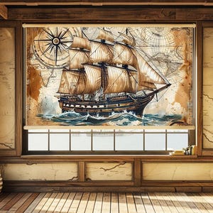 May include: A nautical-themed room with a large window featuring a watercolor painting of a tall ship sailing on the ocean. The painting is set against a backdrop of an antique map and a compass rose. The room has wooden paneling and a bookshelf.