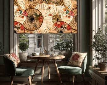 Japans Paraplu-rolgordijn | Raamschaduw met oosterse bloemen | Op maat gemaakt Aziatisch decor