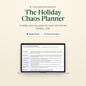 May include: A digital planner titled The Holiday Chaos Planner by TheKindSpreadsheet, displayed on a laptop screen. The interface features sections for a gift tracker, holiday budget, deadlines, social battery, brain dump, and bare minimum tasks.