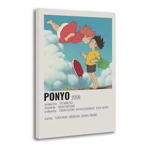 May include: A rectangular canvas print featuring a scene from the animated film "Ponyo." The artwork depicts two animated characters, one in a red dress and the other in a yellow shirt, against a blue sky. The film's title and credits are displayed below.