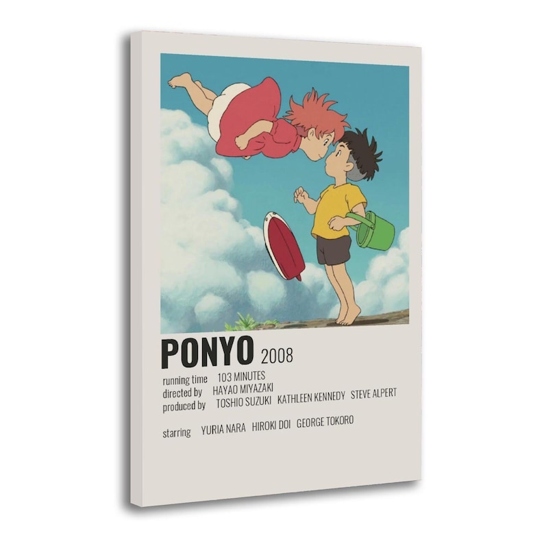 May include: A rectangular canvas print featuring a scene from the animated film "Ponyo." The artwork depicts two animated characters, one in a red dress and the other in a yellow shirt, against a blue sky. The film's title and credits are displayed below.