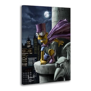 May include: A canvas print depicting Bart Simpson as a superhero, wearing a purple cape, on a stone ledge. The background shows a cityscape under a moonlit, cloudy sky. A gargoyle is in the foreground.