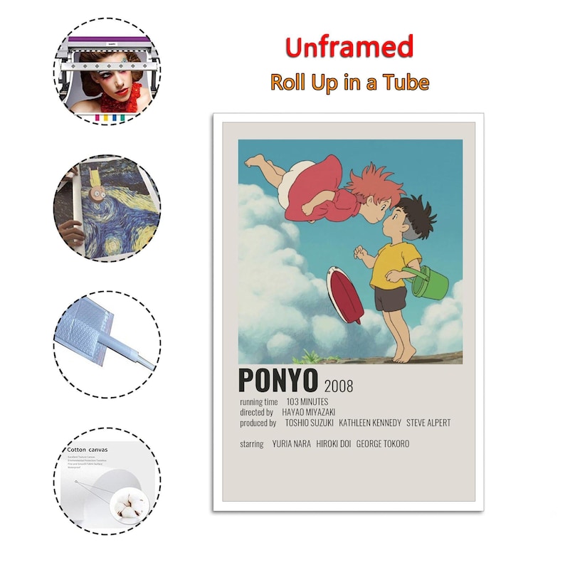 May include: A poster for the animated film "Ponyo" featuring two cartoon characters in a light blue sky. The poster includes the film's title, year, and credits. Text at the top reads "Unframed Roll Up in a Tube."