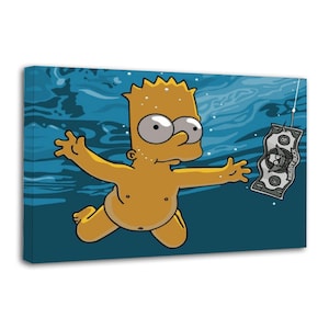 May include: A rectangular canvas print featuring a yellow cartoon character swimming underwater towards a floating dollar bill on a fishing hook. The bill displays the text 1 K B and an illustration of a character. The background is deep blue water.
