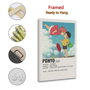 May include: A framed canvas print of the animated film "Ponyo." The artwork features two cartoon characters, one in a red dress and the other in a yellow shirt, against a blue sky. The film's title and credits are displayed below the image.
