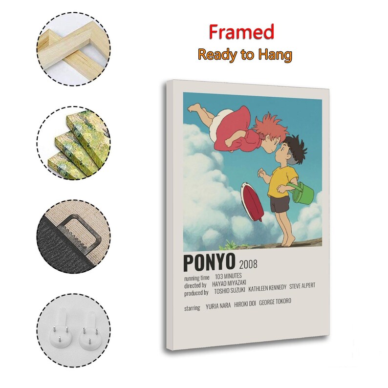 May include: A framed canvas print of the animated film "Ponyo." The artwork features two cartoon characters, one in a red dress and the other in a yellow shirt, against a blue sky. The film's title and credits are displayed below the image.