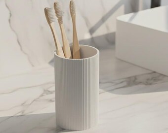 Minimalist Toothbrush Holder | Modern Bathroom Organizer | Ribbed Cup | 3D Printed Bathroom Decor | Neutral Vanity Storage