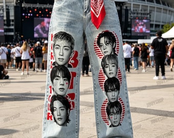 BTS Kpop Jeans,BTS Face Arirang Merch Jeans,Unisex Banggtan Fan Merch,Army Fan Lovers Jeans,BTS 2026 Arirang World Tour Merch Jeans for Her